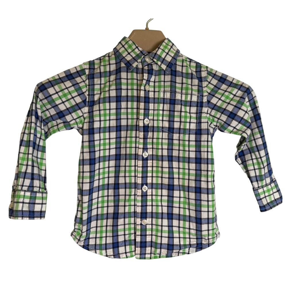 Gymboree Toddler Size 4T Button Up Shirt Blue Green White Long Sleeve Cotton